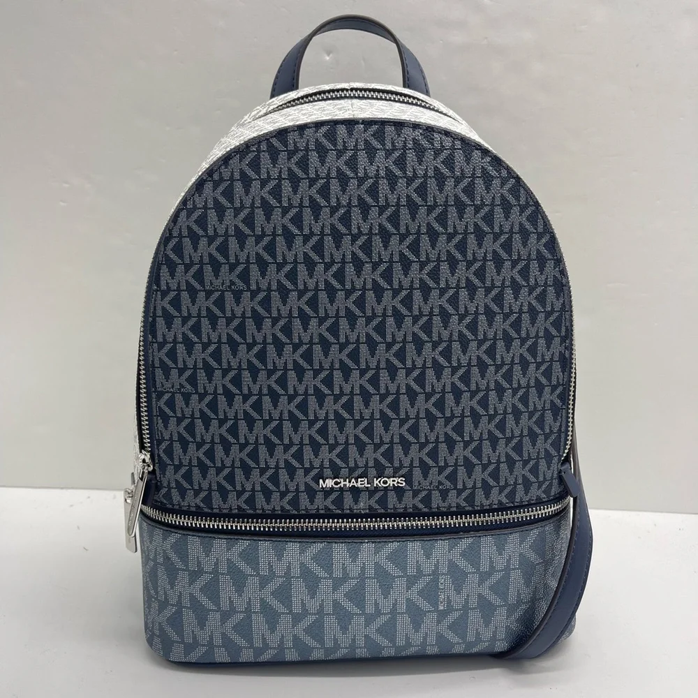 MICHAEL KORS Rhea Md Zip Color-Block Signature Logo Backpack ADMIRL MULTI NWT